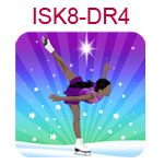ISK8-DR4 Dark skinned black haired girl doing ice skating spiral on blue and purple background