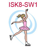 ISK8-SW1 Light skinned blond ice skater wearing pink dress with blue swirl in background