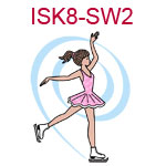 ISK8-SW2 Light skinned brown haired ice skater wearing pink dress with blue swirl in background