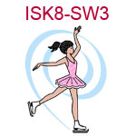 ISK8-SW3 Light skinned black haired ice skater wearing pink dress with blue swirl in background
