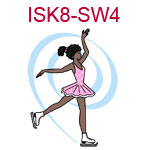 ISK8-SW4 Dark skinned black curly haired ice skater wearing pink dress with blue swirl in background