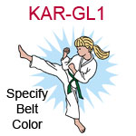 KAR-GL1 Light skinned blond karate kick girl wearing white gi  please specify belt color