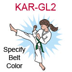 KAR-GL2 Light skinned brown haired karate kick girl wearing white gi  please specify belt color