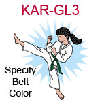 KAR-GL3 Light skinned black haired karate kick girl wearing white gi  please specify belt color