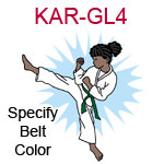KAR-GL4 Dark skinned black curly haired karate kick girl wearing white gi  please specify belt color