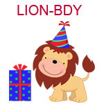 LION-BDY Lion wearing birthday hat standing next to blue package