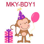 MKY-BDY1 Girl monkey wearing pink birthday hat holding pink balloon standing next to pink package