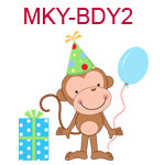 MKY-BDY2 Boy monkey wearing green birthday hat holding blue balloon standing next to blue package