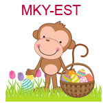MKY-EST Brown monkey holding Easter basket on flowers and grass