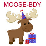MOOSE-BDY Moose wearing birthday hat standing next to two packages