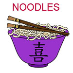 NOODLES A purple bowl with noodles and chopsticks