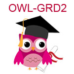OWL-GRD2 A pink owl wearing a graduation cap with diploma