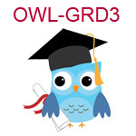 OWL-GRD3 A blue owl wearing a graduation cap with diploma