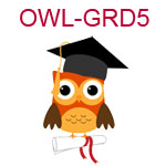 OWL-GRD5 An orange owl wearing a graduation cap with diploma