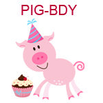 PIG-BDY Pig wearing pink birthday hat standing next to cupcake