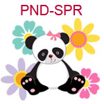 PND-SPR Sitting panda wearing pink hair bow sitting in flowers