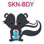 SKN-BDY Black and white skunk holding blue package