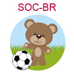 SOC-BR A brown teddy bear with soccer ball on green and blue background