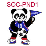 SOC-PND1 A boy panda soccer player in a blue outfit holding a flag and soccer ball