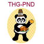THG-PND A panda wearing a pilgrim hat and holding a cooked turkey