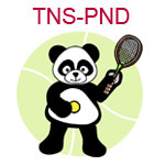 TNS-PND A panda holding a tennis ball and racket on pale green background