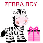 ZEBRA-BDY Smiling zebra standing next to pink package