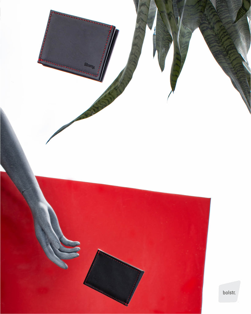 Slimmy original slim leather wallet in black and red