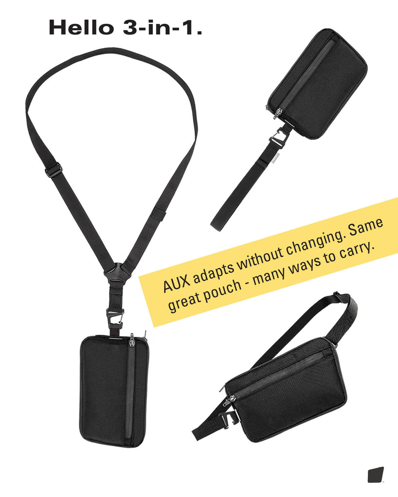 AUX Pocket minimalist EDC bag with clutch strap.