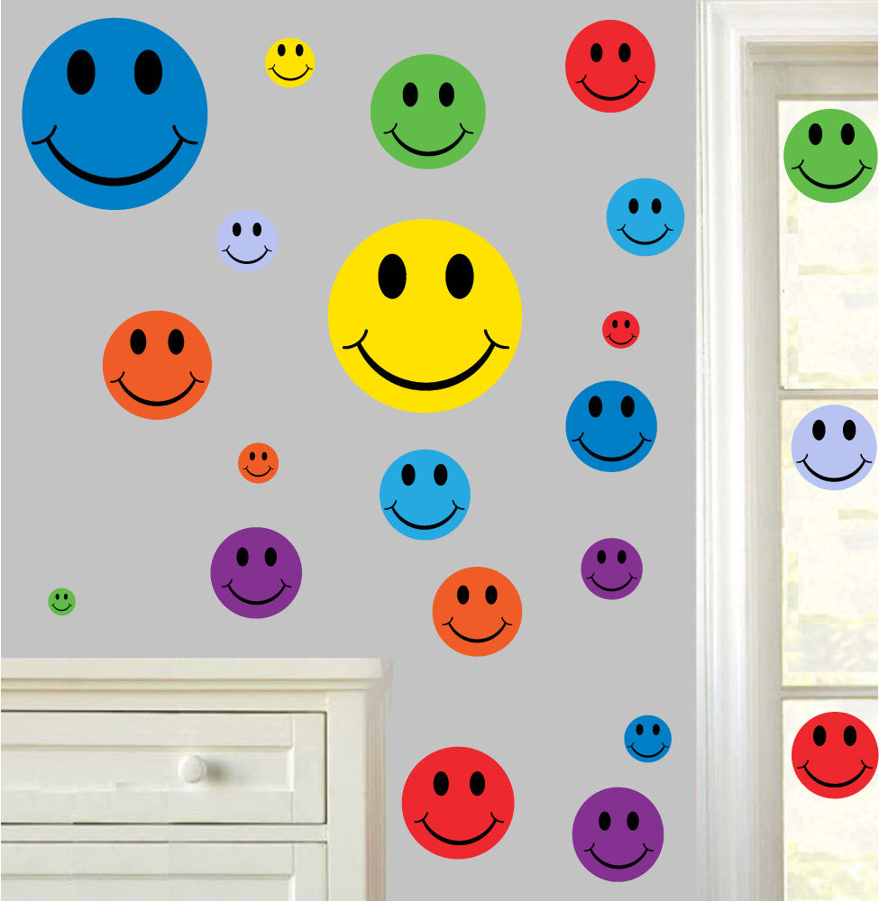 Colourful Happy Faces Pack Of 22 Wall Art Vinyl Stickers Fun Childrens Bedroom