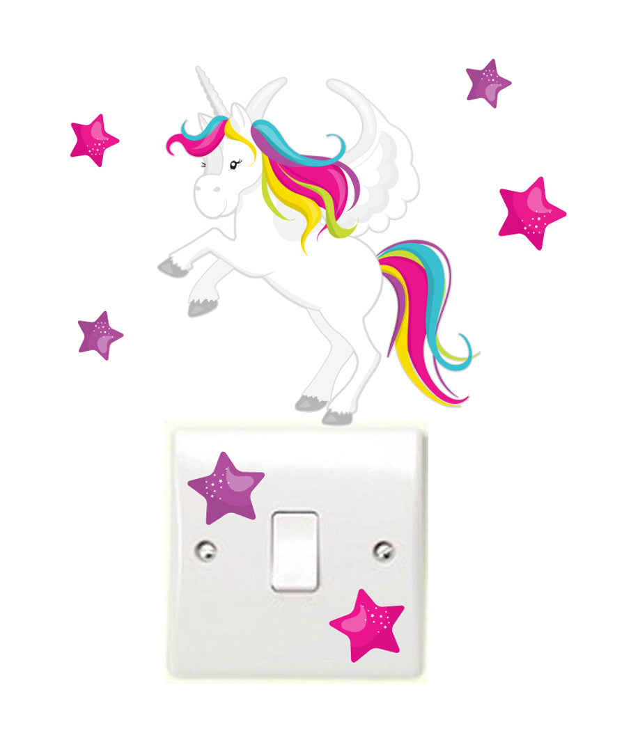 Colourful Unicorn Stars Light Switch Wall Sticker Children S Bedroom Playroom Fun Adhesive Vinyl