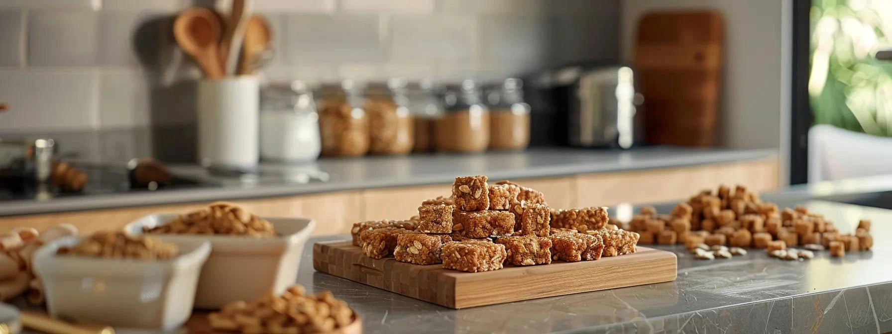 a well-lit modern kitchen countertop showcases a variety of freshly baked honey oat dog snacks, displaying different shapes and textures, with a subtle emphasis on the vibrant ingredients and tools used in their preparation.