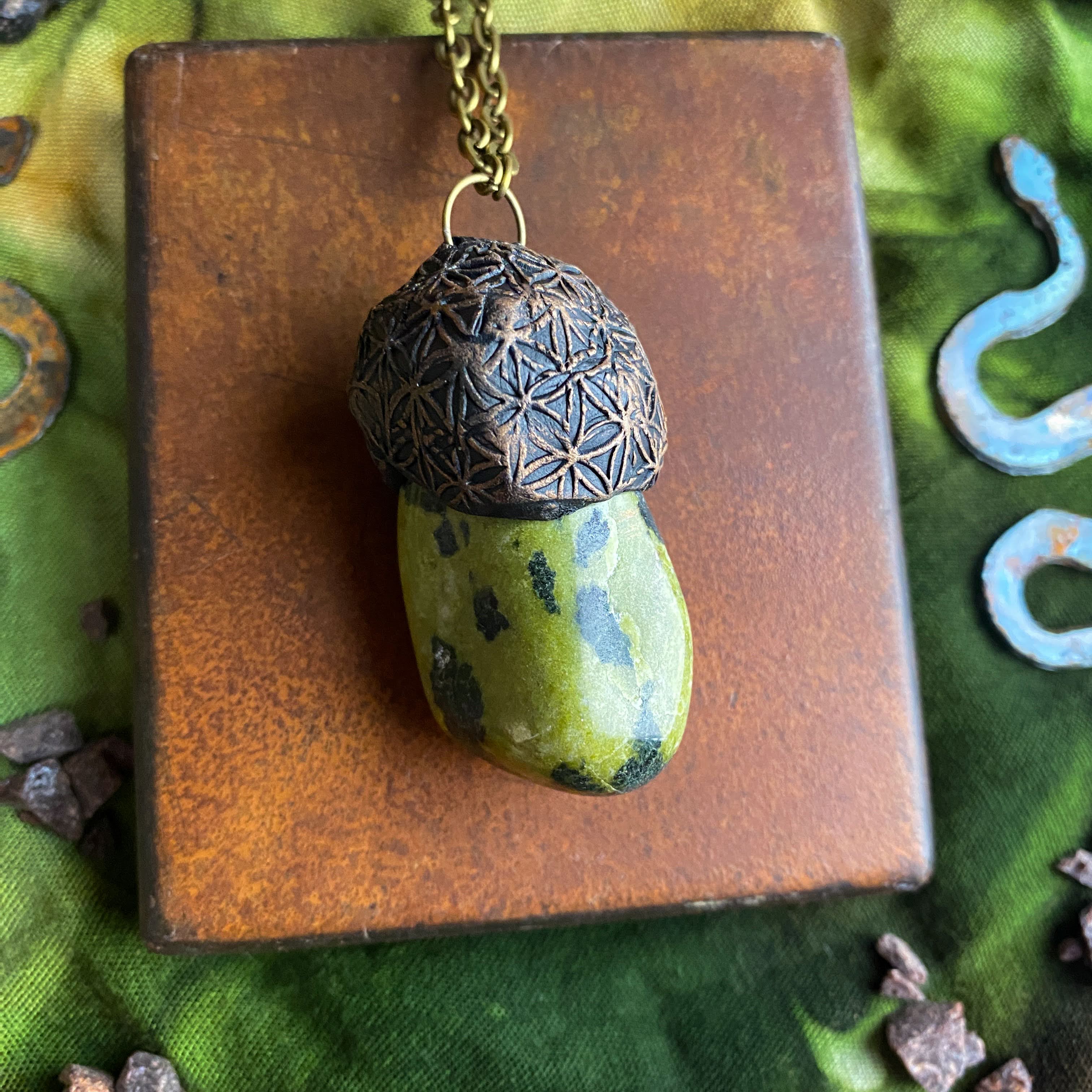 Serpentine Talisman Necklace with a Flower of Life Clay Pattern