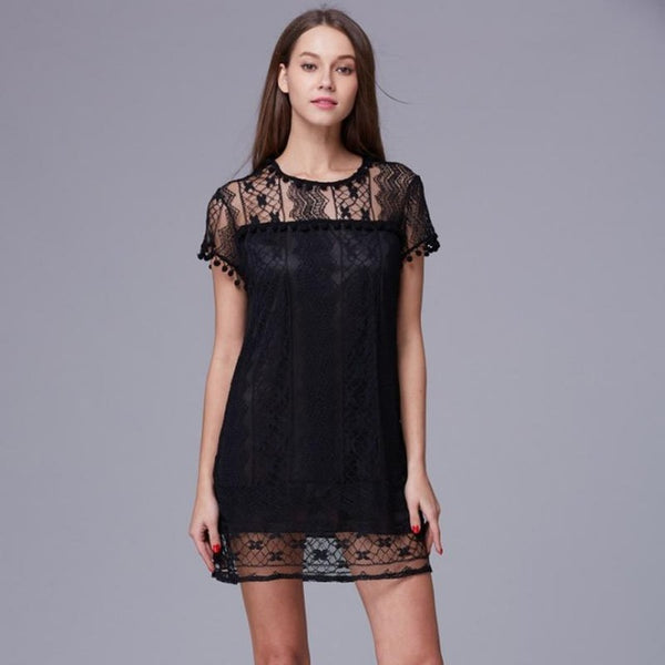 Summer Elegant Women Casual Solid Short Sleeve Slim Lace Mini Dress To ...
