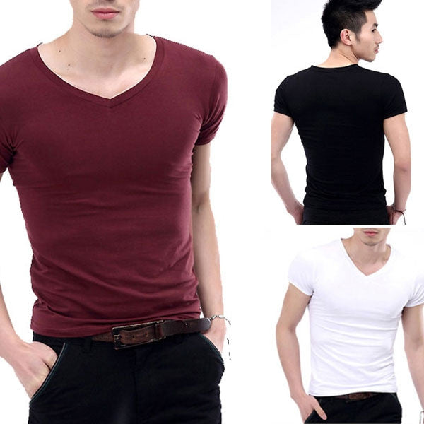 New hot Fashion Men's V-Neck Short Sleeve T-Shirt Slim Basic Tee Top M ...