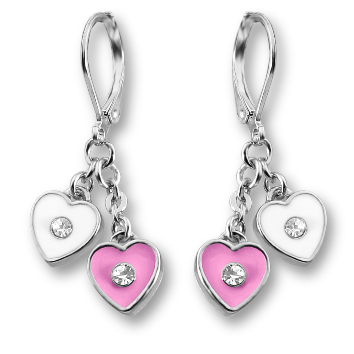 Pink-Purple Two Heart Dangle Crystal Lever Back Earrings Pierced Ears ...