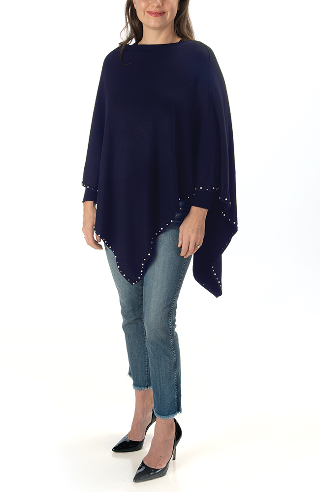 Ultra-soft Navy Pearl-trimmed Poncho |