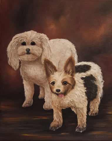 Two dogs in an oil painting portrait