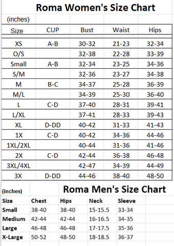 Roma Costume Dress Size Chart