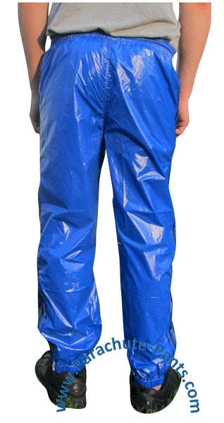 Bruno Blue Shiny Nylon/Plastic 3-Stripe Wind Pants | The Parachute ...