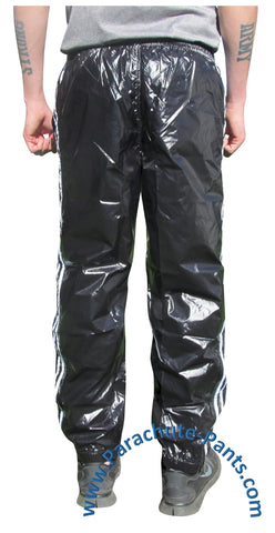 Bruno Black Shiny Nylon/Plastic 3-Stripe Wind Pants | The Parachute ...