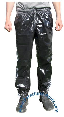 Bruno Black Shiny Nylon/Plastic 3-Stripe Wind Pants | The Parachute ...