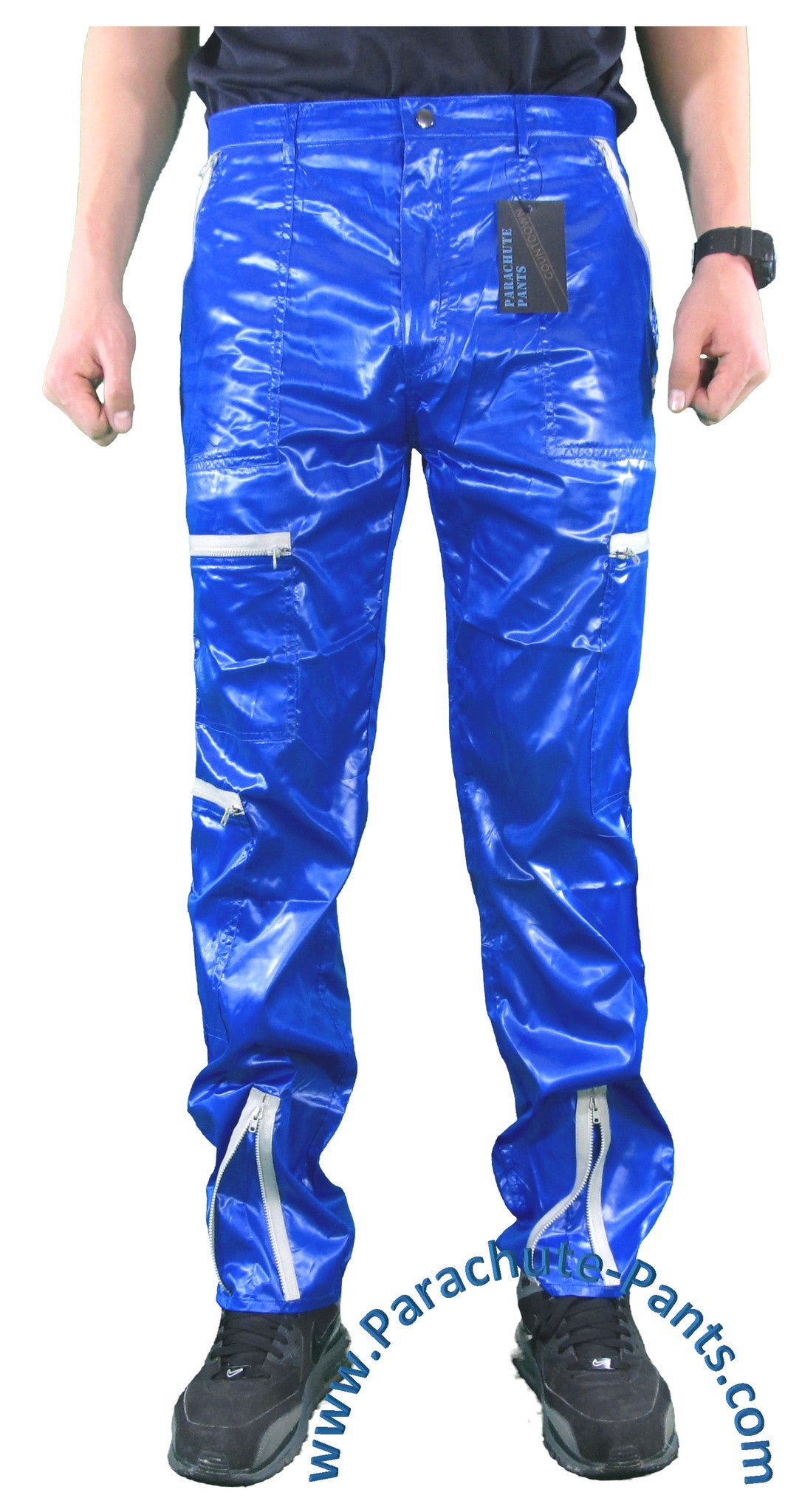 Countdown Blue Shiny Nylon Parachute Pants with Grey Zippers | The ...
