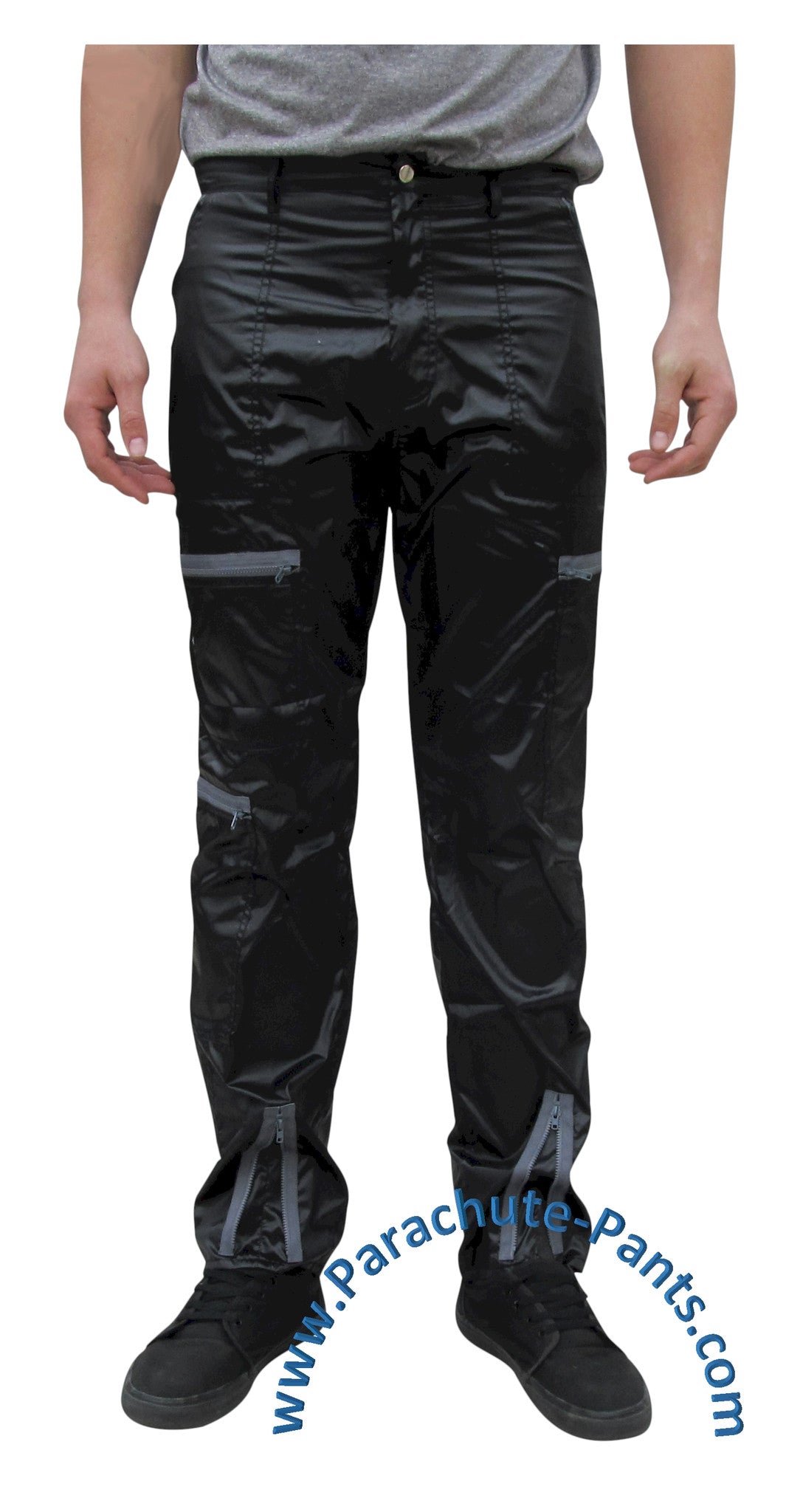 Countdown Black Shiny Nylon Parachute Pants with Grey Zippers | The ...