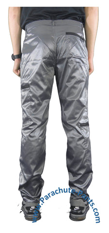 Countdown Grey Shiny Nylon Parachute Pants with Black Zippers | The ...