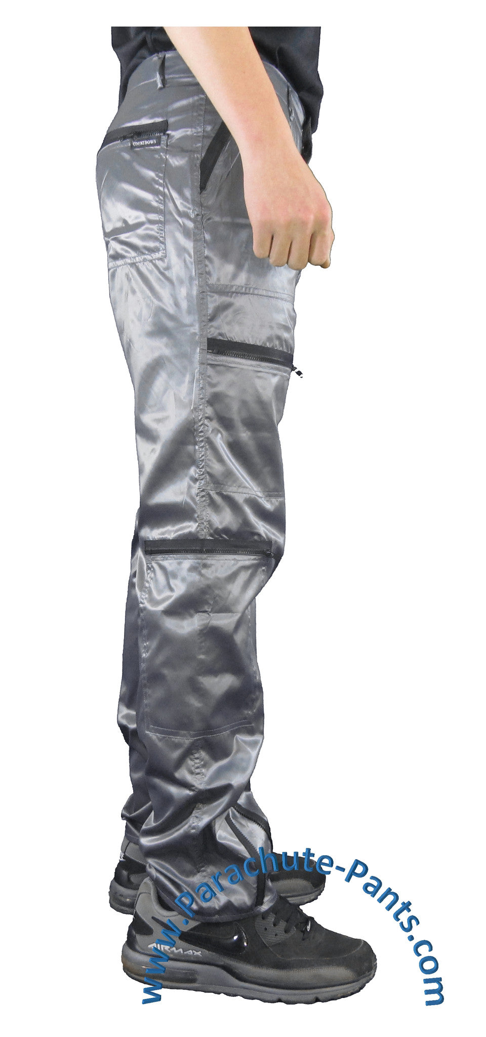 Countdown Grey Shiny Nylon Parachute Pants with Black Zippers | The ...