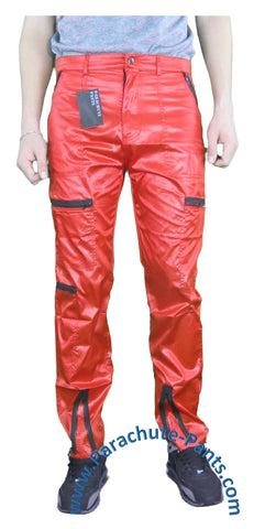 Countdown Red Shiny Nylon Parachute Pants with Black Zippers | The ...