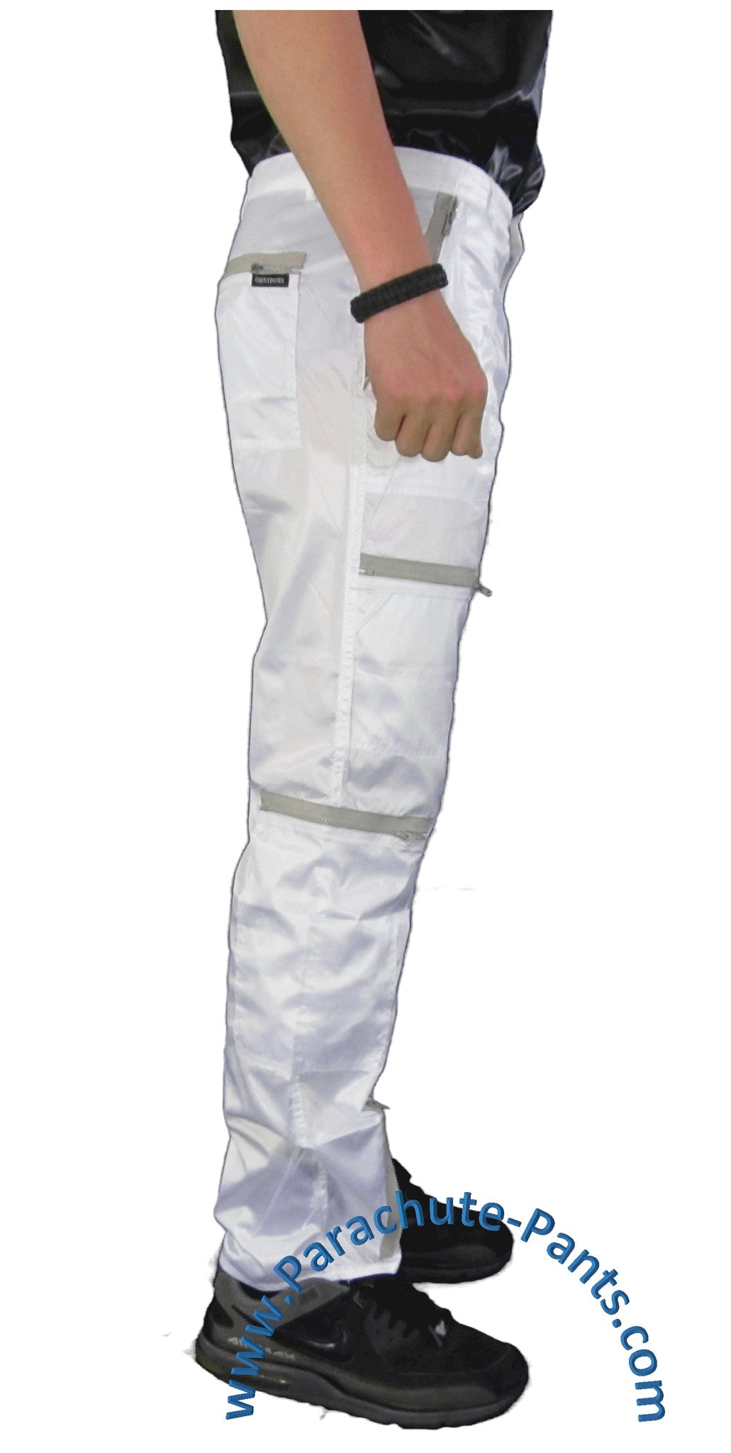 Countdown White Shiny Nylon Parachute Pants with Grey Zippers | The ...
