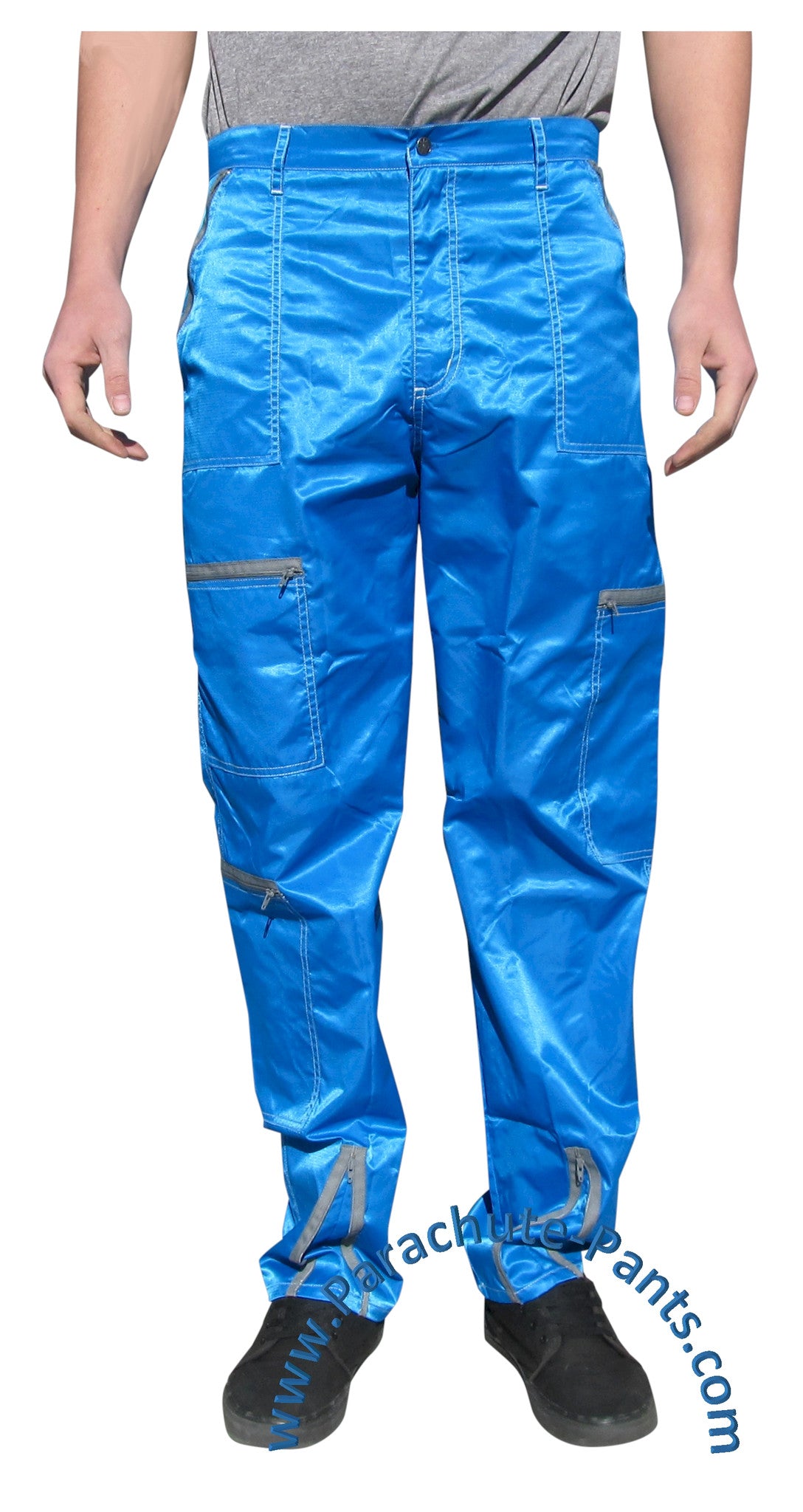 Panno D'Or Blue Nylon Parachute Pants with Grey Zippers | The Parachute