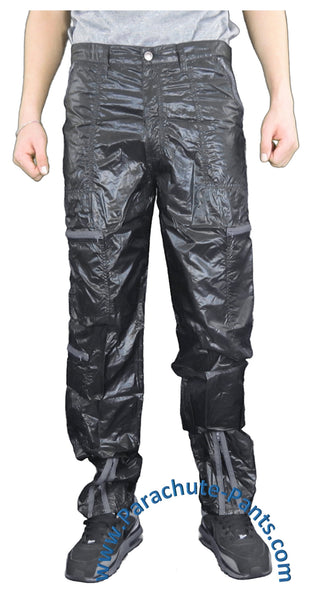 Panno D'Or Black Thin Nylon Parachute Pants with Grey Zippers | The ...
