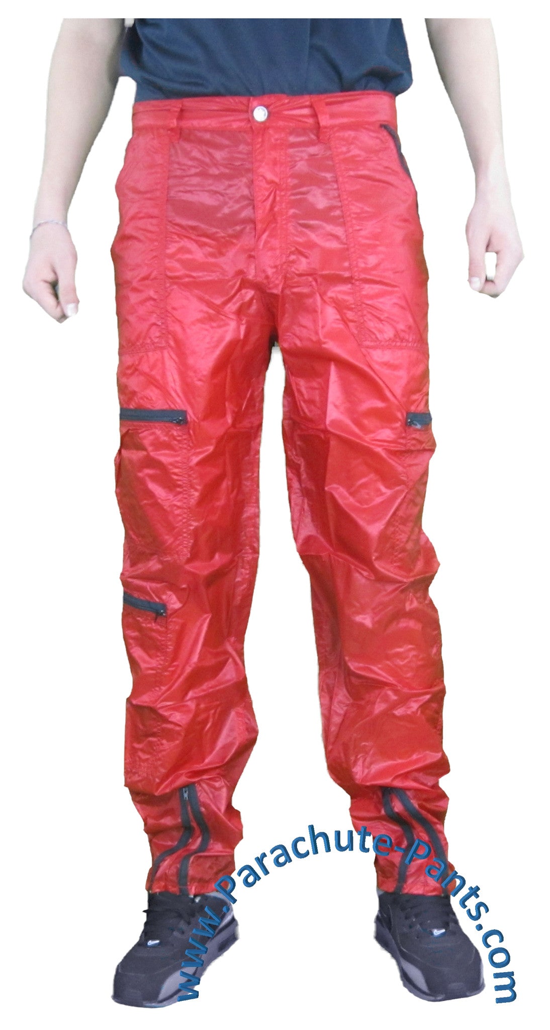 Panno D'Or Red Thin Nylon Parachute Pants with Black Zippers | The ...